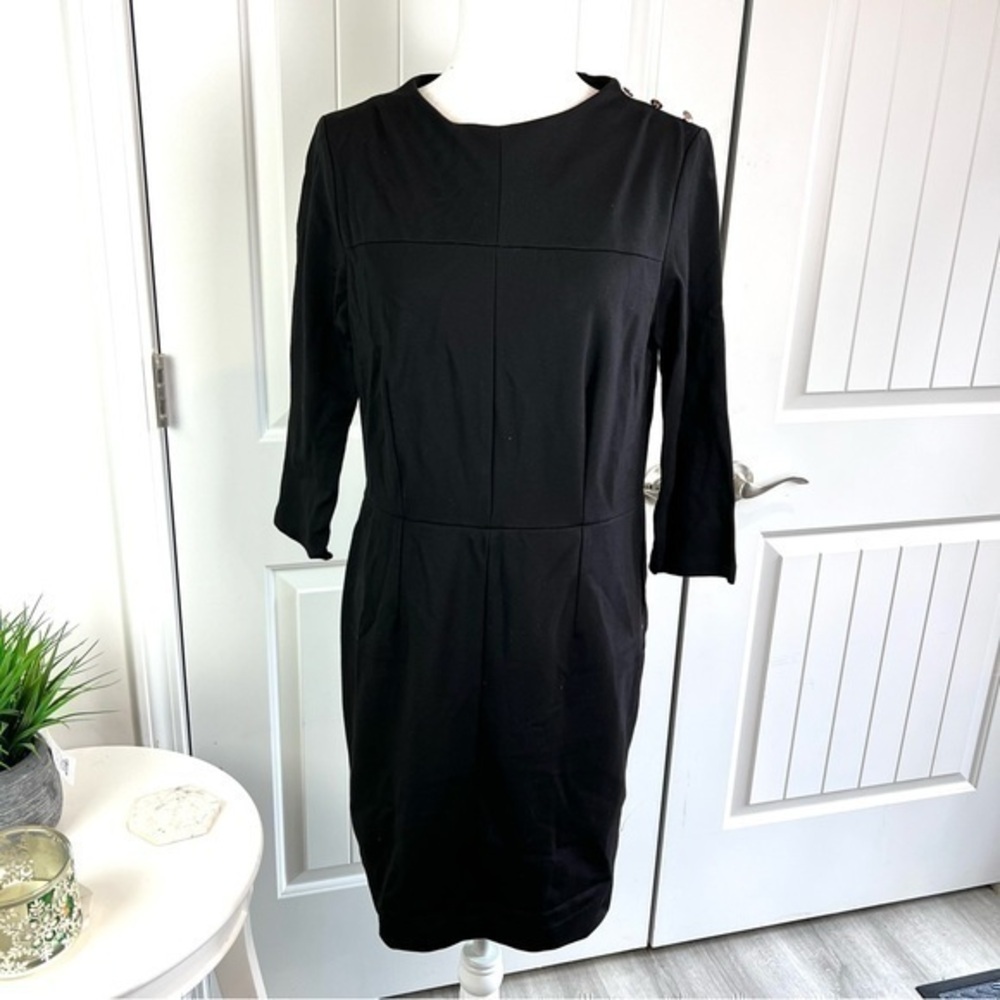 Classic Black Sheath Dress with Button-Shoulder Detail